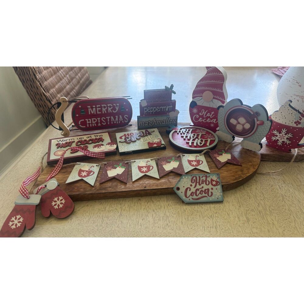 Christmas Hot Cocoa Bar Decor Lot Wooden Signs Gnome Ornaments Rustic Farmhouse